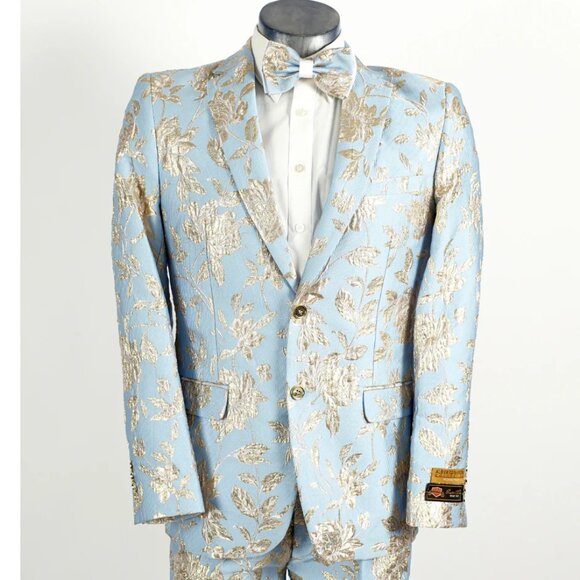 Mens 2 Button Sky Blue & Silver Foil Paisley Tuxedo